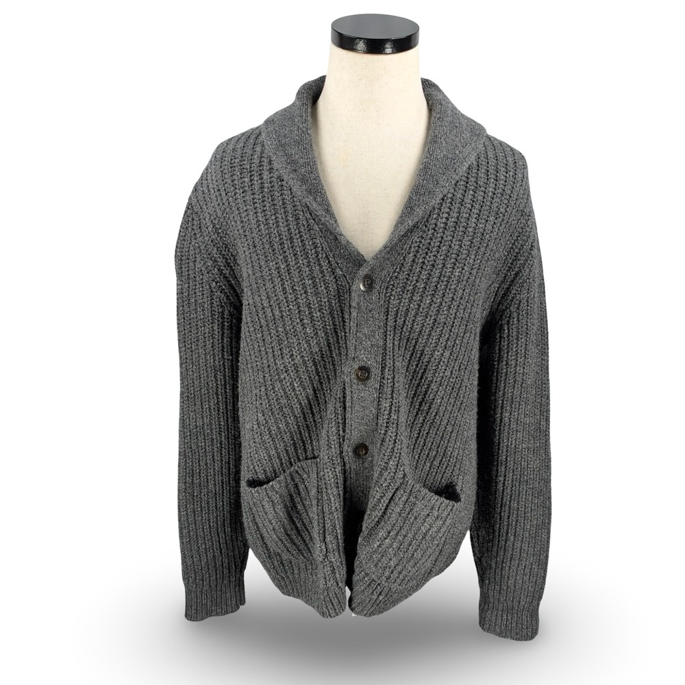 LL Bean Mens Large Gray 100% Lambswool Shawl Collar Ribbed Cardigan 511548